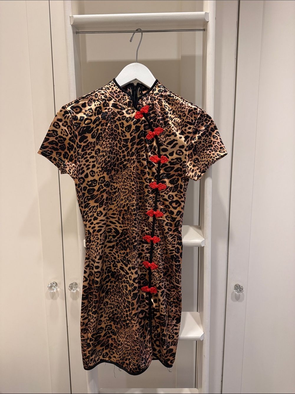 Vintage Leopard Print Cheongsam Qipao Mini Dress Red Frog Buttons